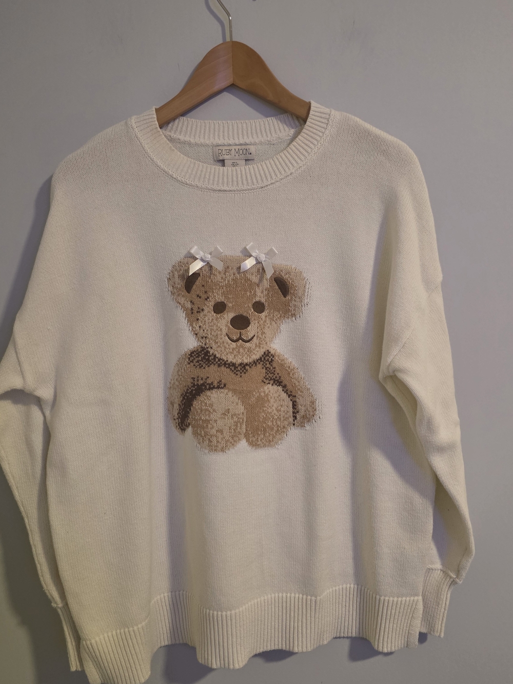 Ruby Moon Teddy Bear Bow Sweater Women’s Large Ivory Cottagecore